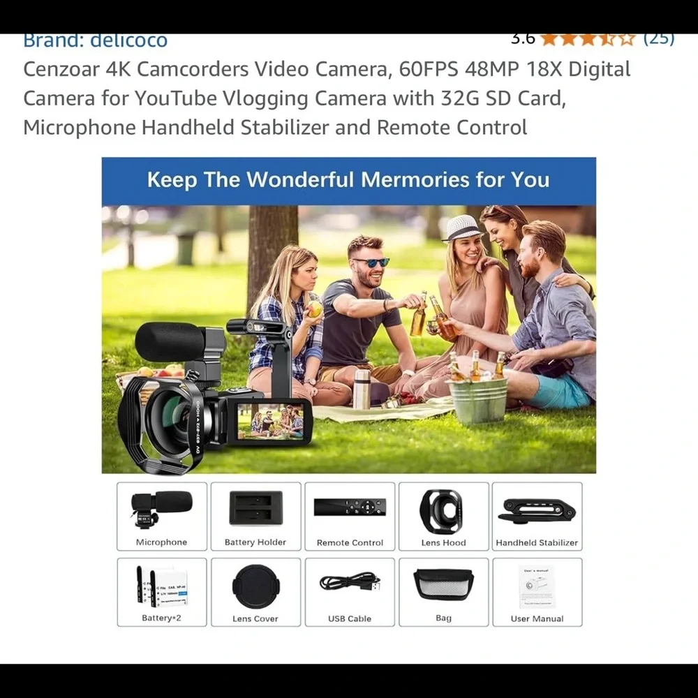 Cenzoar 4K Camcorders Video Camera, 60FPS 48MP 18X Digital Camera for YouTube Vl